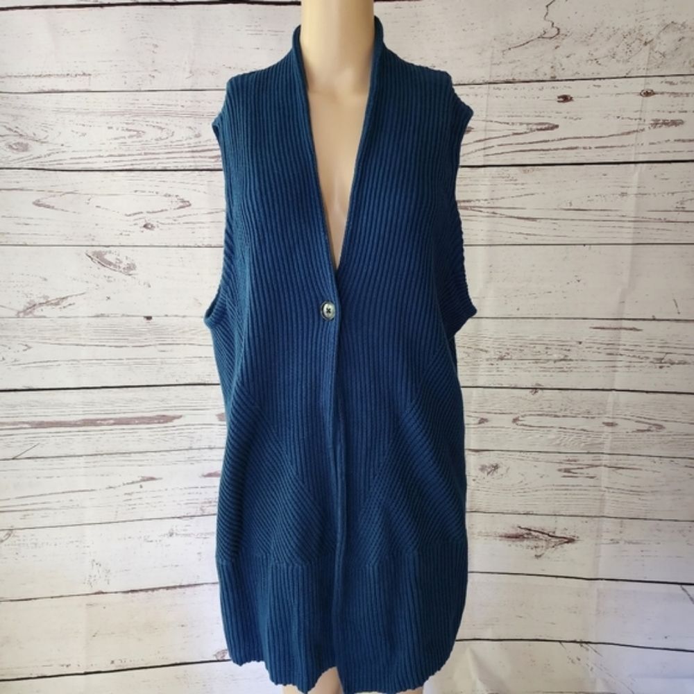 Belford 100% Pima Cotton Ribbed Sleeveless Cardigan Vest Blue - XL